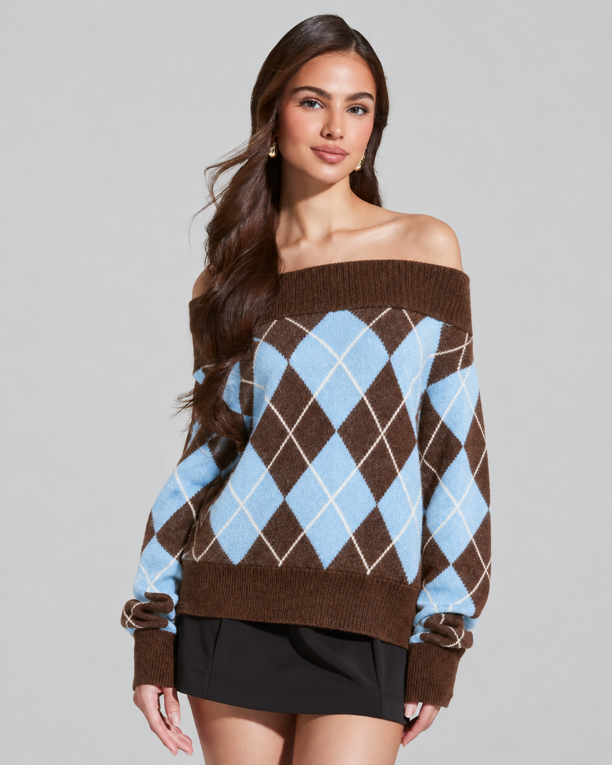 Off-Shoulder Argyle Knit Jumper in Blue Argyle, front view on model