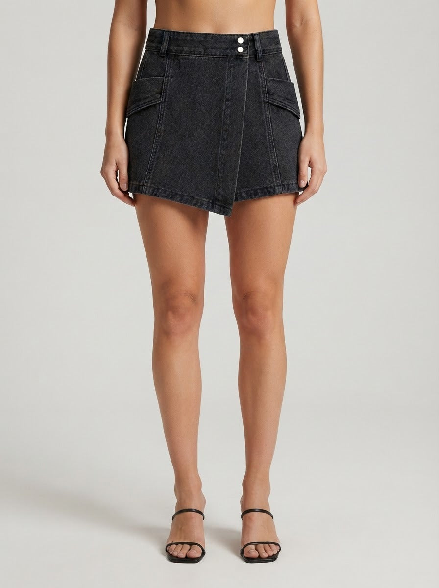 Wrap-Front Denim Cargo Skort in Washed Black, close front view on model