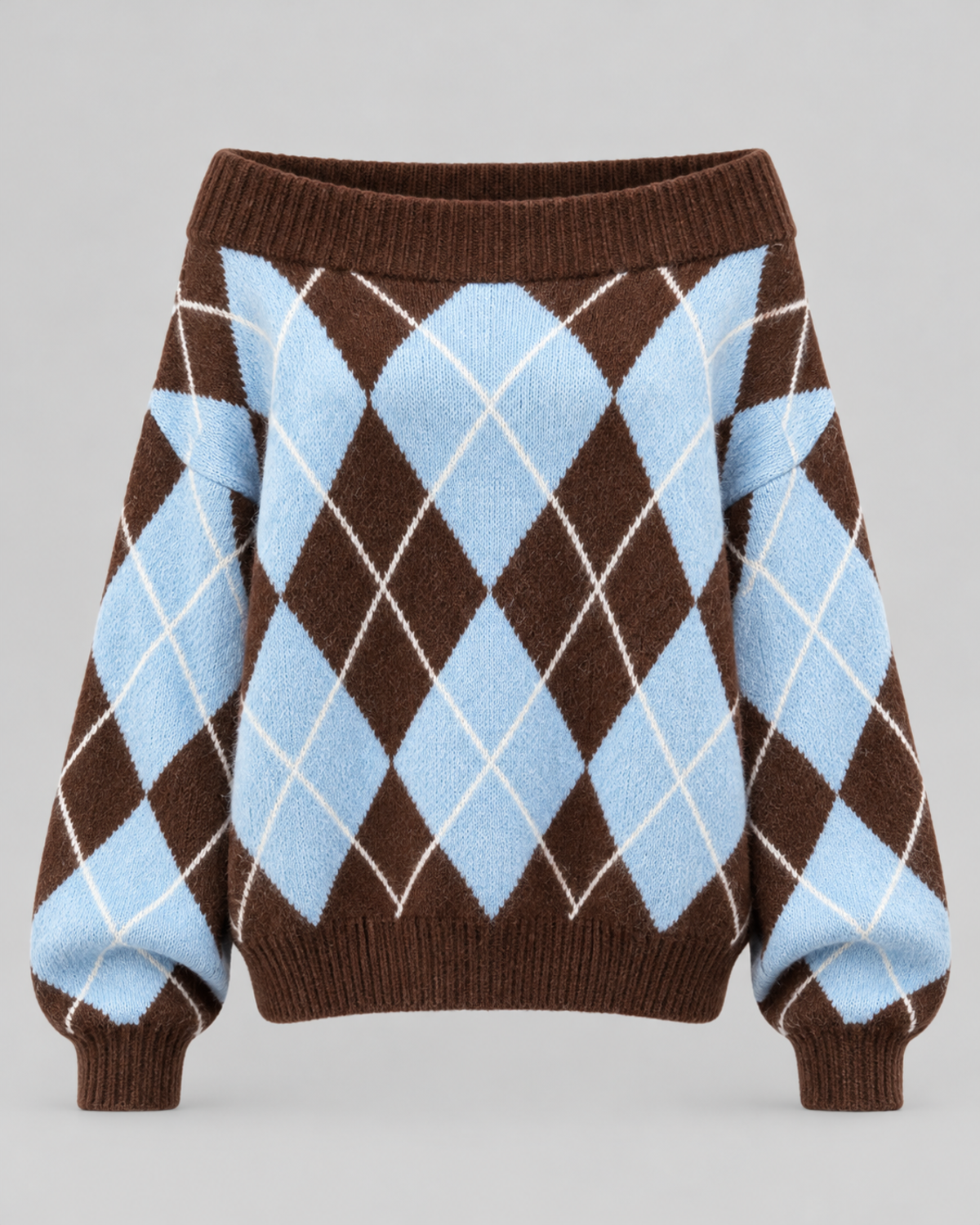 Off-Shoulder Argyle Knit Jumper in Blue Argyle, laid flat