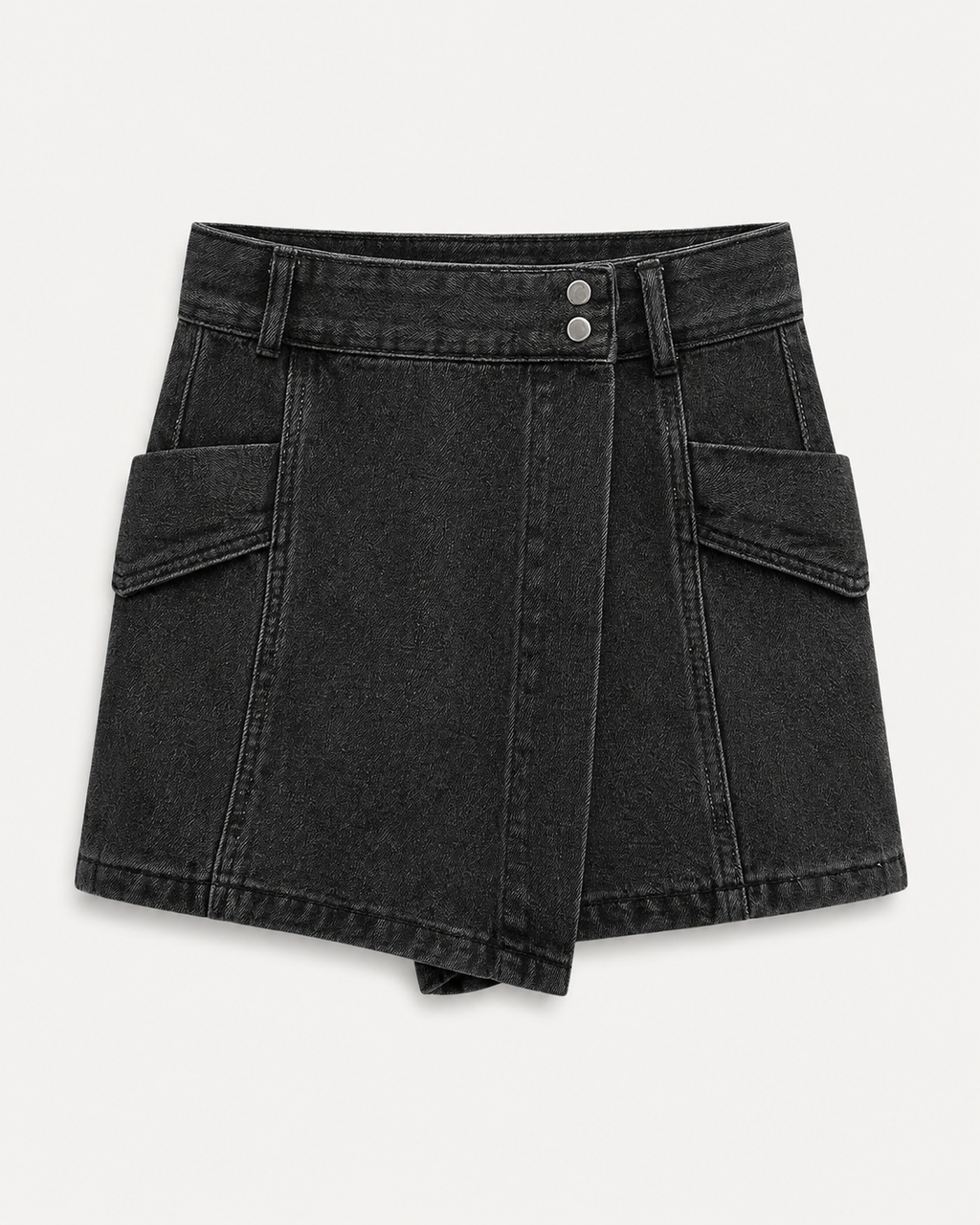 Wrap-Front Denim Cargo Skort in Washed Black, flat lay