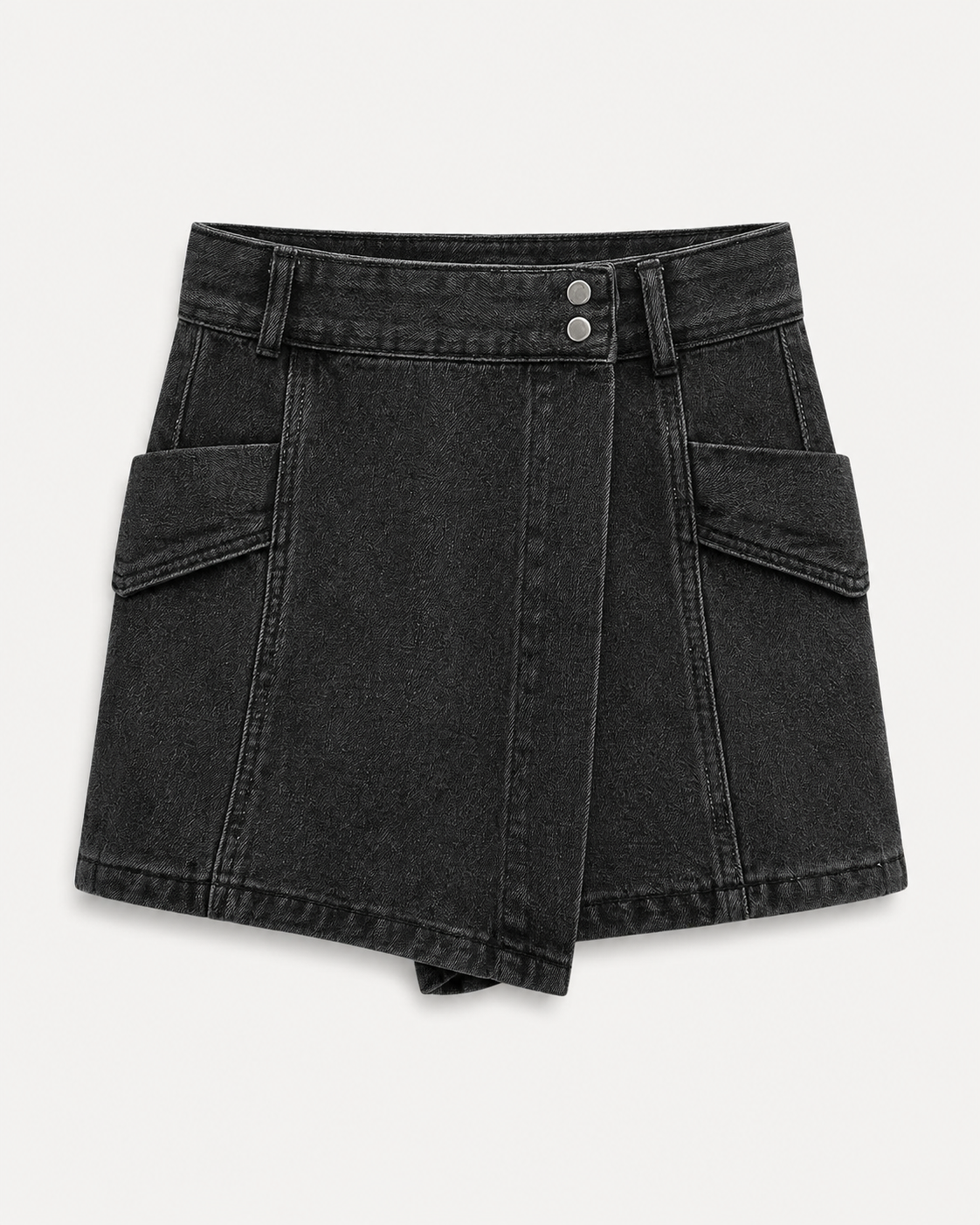 Wrap-Front Denim Cargo Skort in Washed Black, flat lay