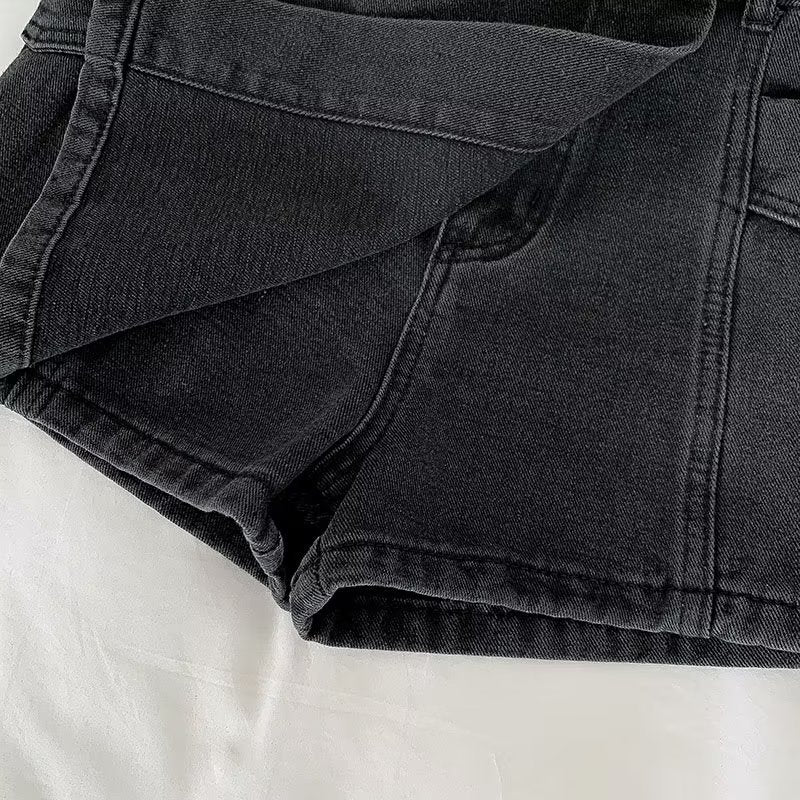 Wrap-Front Denim Cargo Skort in Washed Black, pocket and hem detail