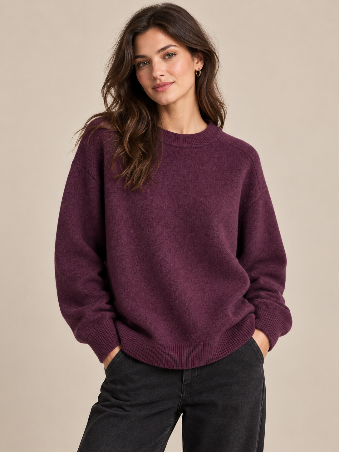 Model wearing the Burgundy Soft Knit Crew Neck Jumper with black jeans, front view