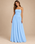 Strapless Ruched Drop Waist Maxi Dress in Baby Blue, front view on model