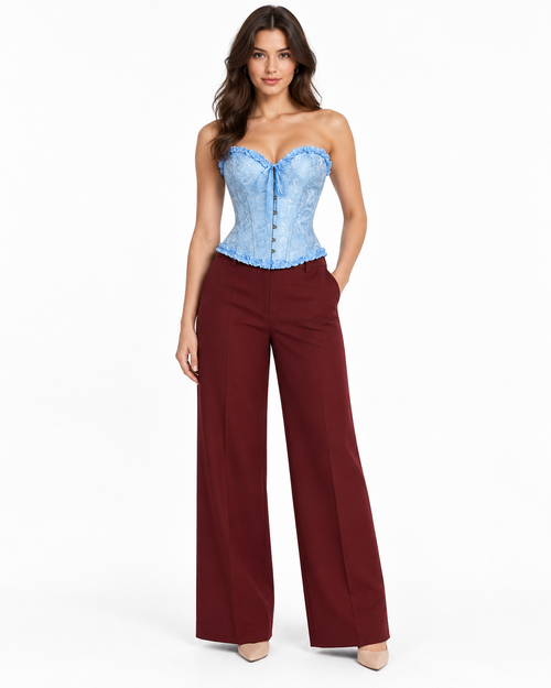 Baby Blue Accent Look: baby blue ruffle trim brocade corset top and burgundy tailored wide leg trousers, full length front view