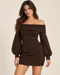 Off-Shoulder Lantern Sleeve Knit Mini Dress in Mocha Brown, front view on model