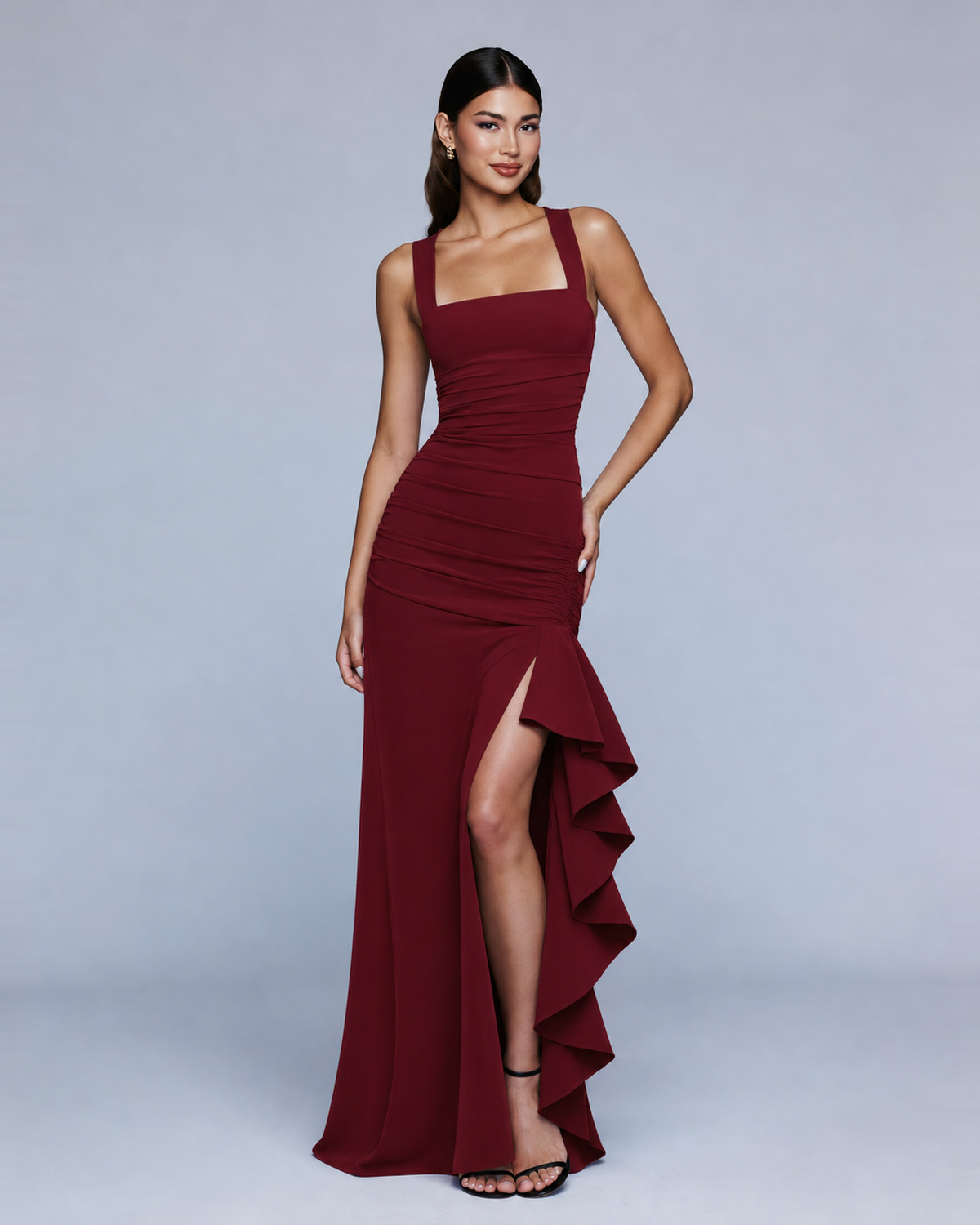 Square-Neck Ruched Ruffle Split Maxi Dress in Burgundy, front view on model