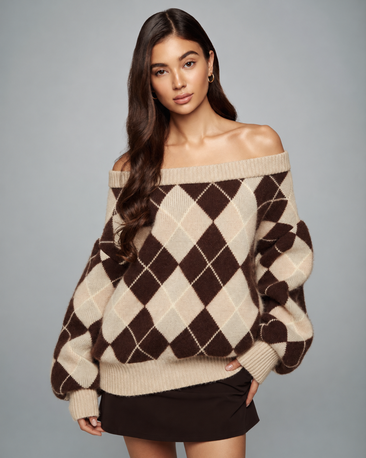 Off-Shoulder Argyle Knit Jumper in Beige Argyle, front view on model