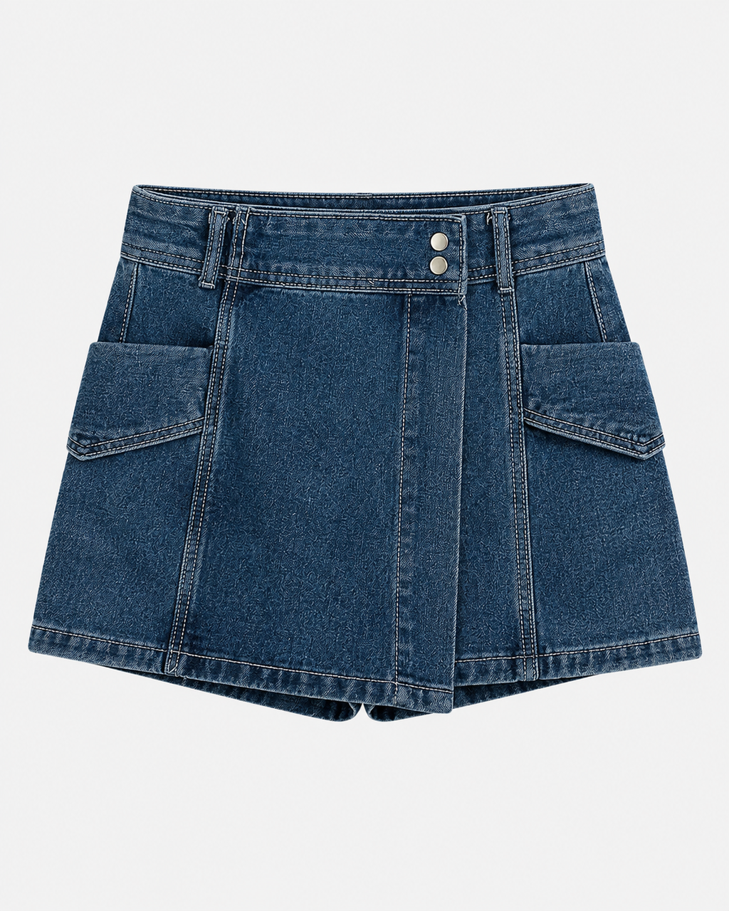 Wrap-Front Denim Cargo Skort in Indigo Wash, flat lay