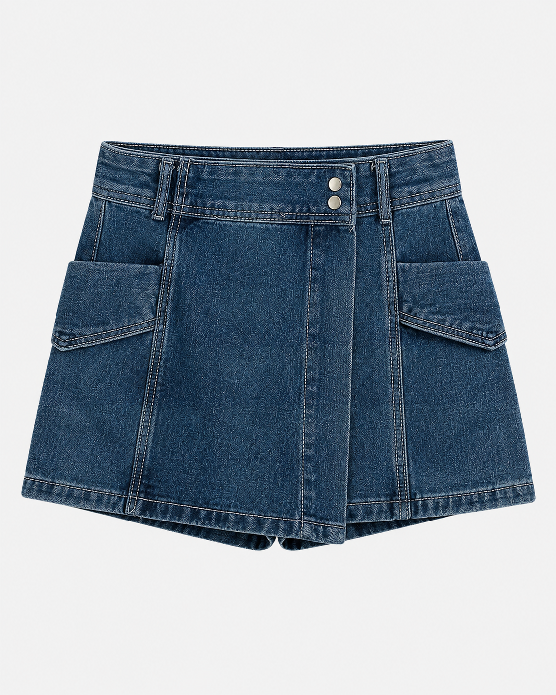 Wrap-Front Denim Cargo Skort in Indigo Wash, flat lay