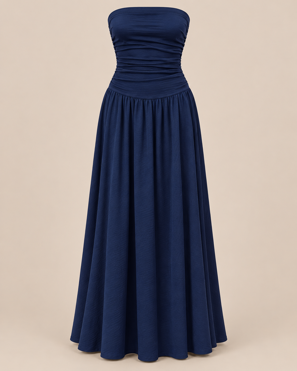 Strapless Ruched Drop Waist Maxi Dress in Navy Blue, shown on its own