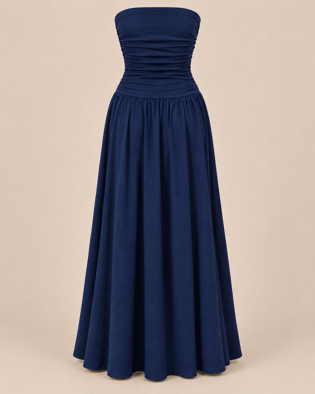 Strapless Ruched Drop Waist Maxi Dress in Navy Blue, shown on its own, second view