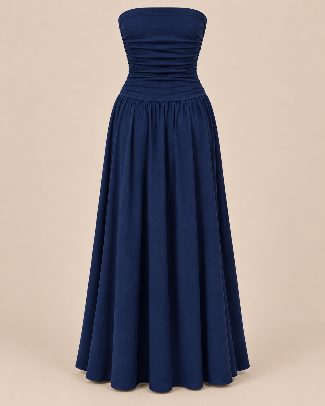 Strapless Ruched Drop Waist Maxi Dress in Navy Blue, shown on its own, second view