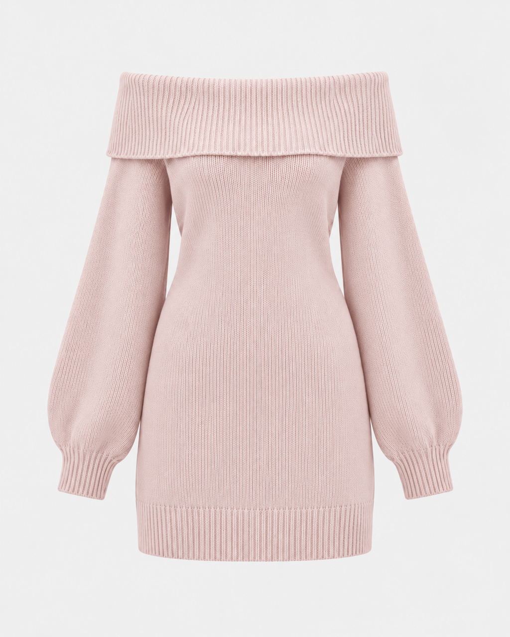 Off-Shoulder Lantern Sleeve Knit Mini Dress in Blush Pink, laid flat