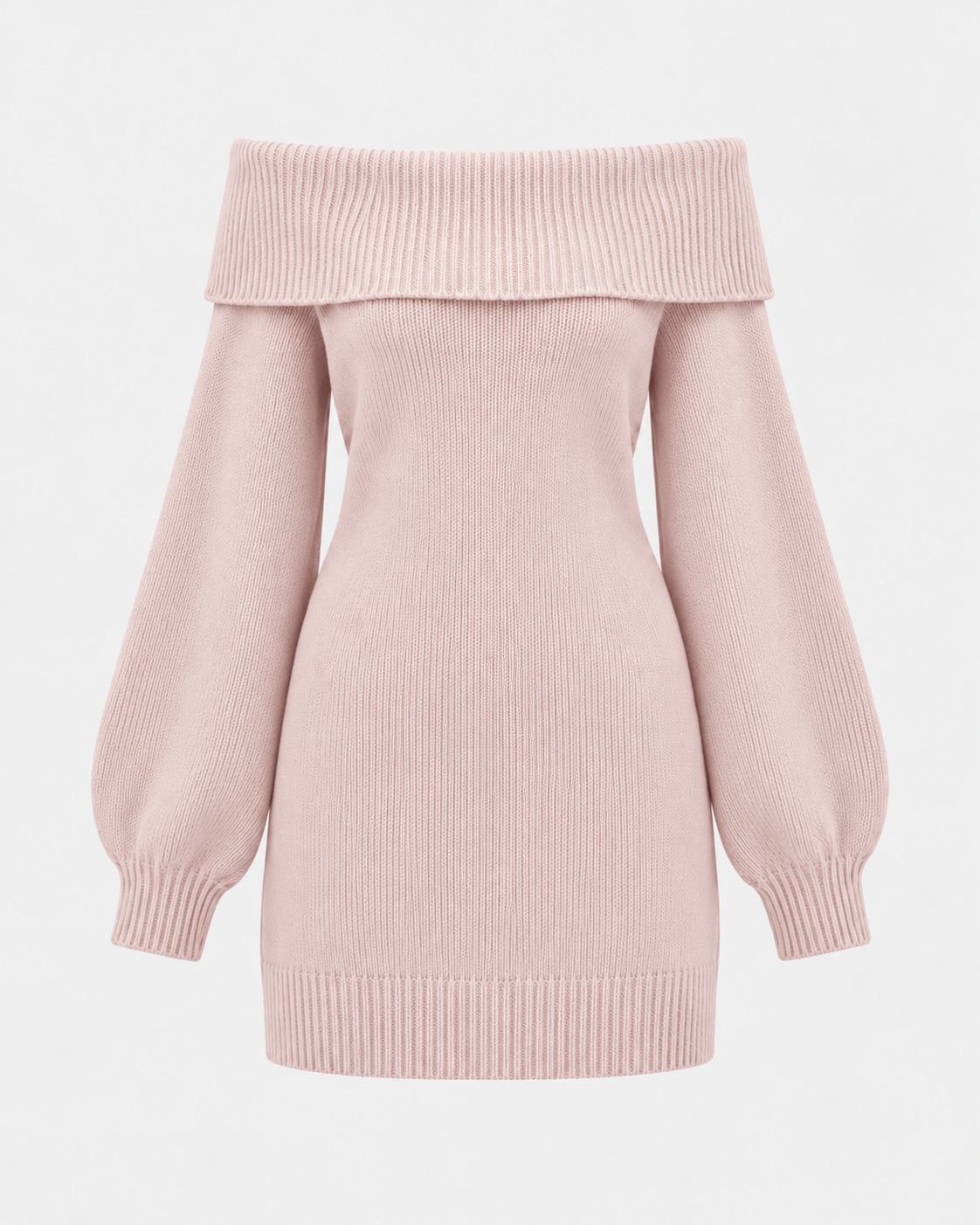 Off-Shoulder Lantern Sleeve Knit Mini Dress in Blush Pink, laid flat