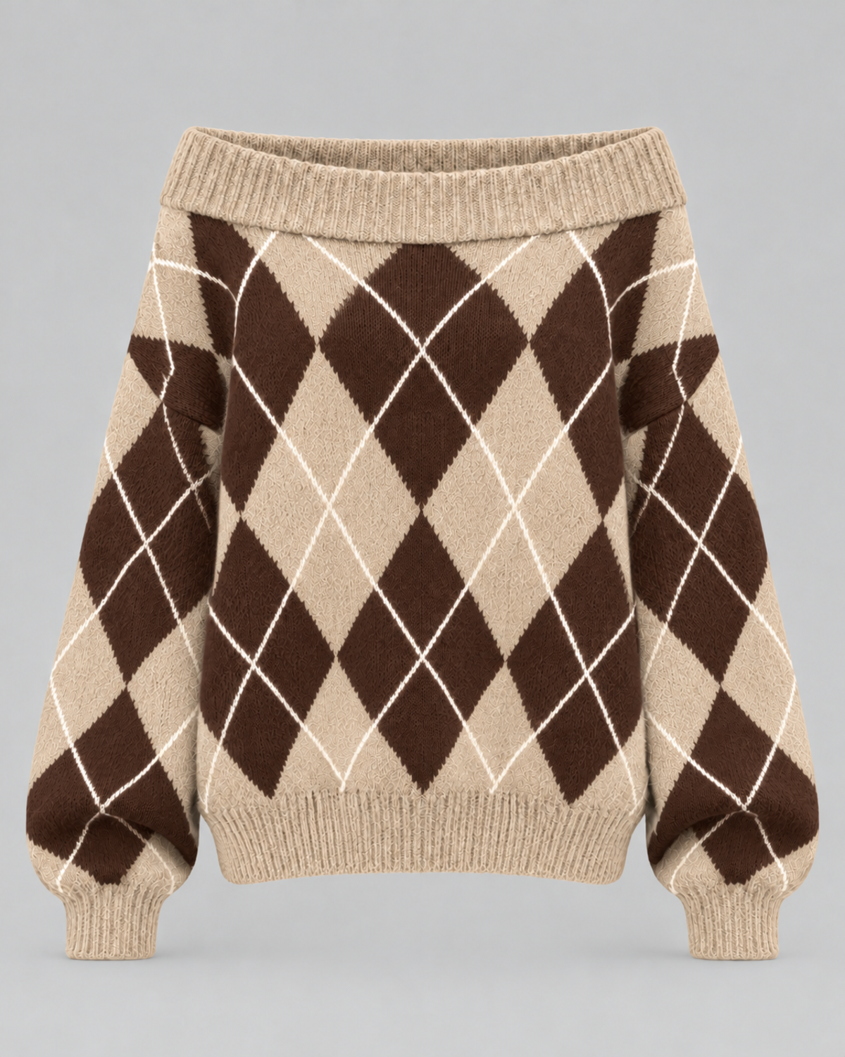 Off-Shoulder Argyle Knit Jumper in Beige Argyle, laid flat