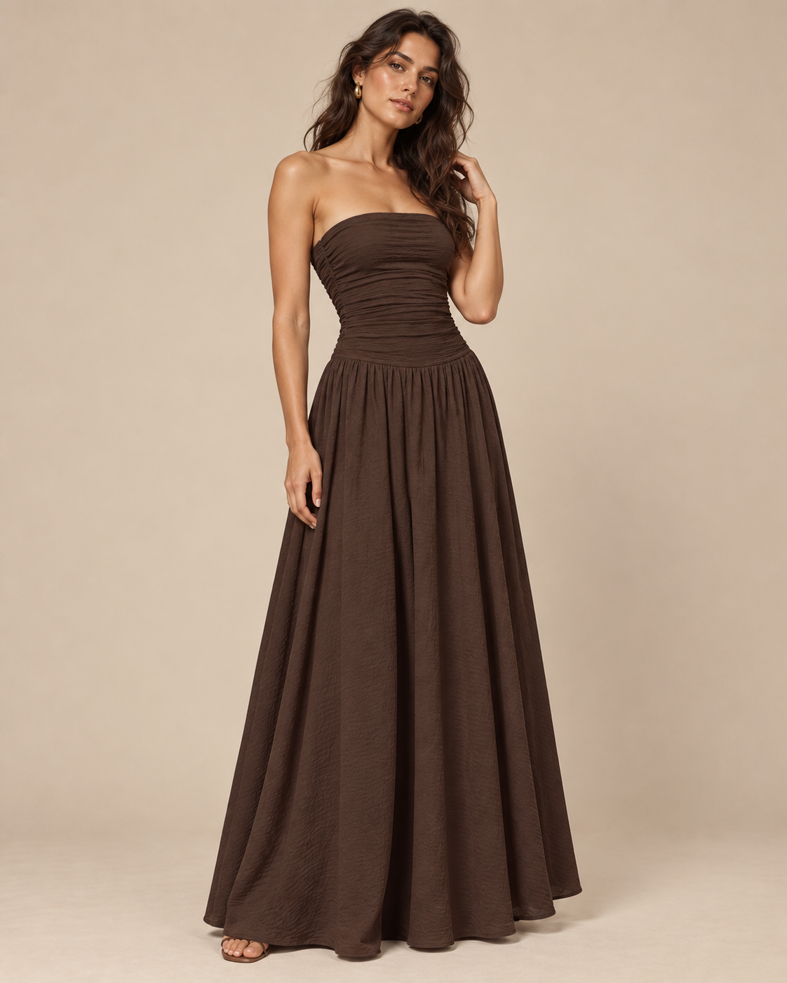 Strapless Ruched Drop Waist Maxi Dress in Mocha Brown, front view on model