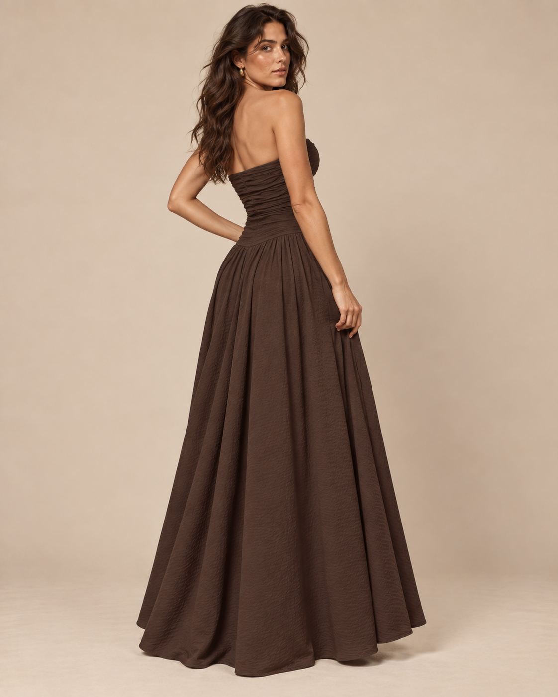 Strapless Ruched Drop Waist Maxi Dress in Mocha Brown, back view on model