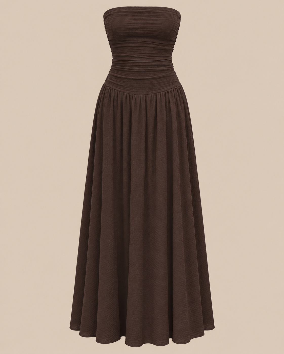Strapless Ruched Drop Waist Maxi Dress in Mocha Brown, shown on its own