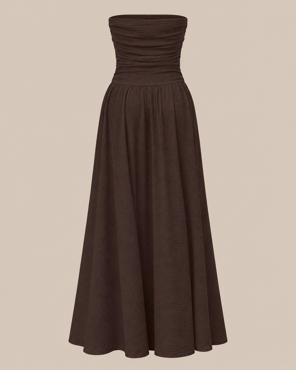 Strapless Ruched Drop Waist Maxi Dress in Mocha Brown, shown on its own, second view