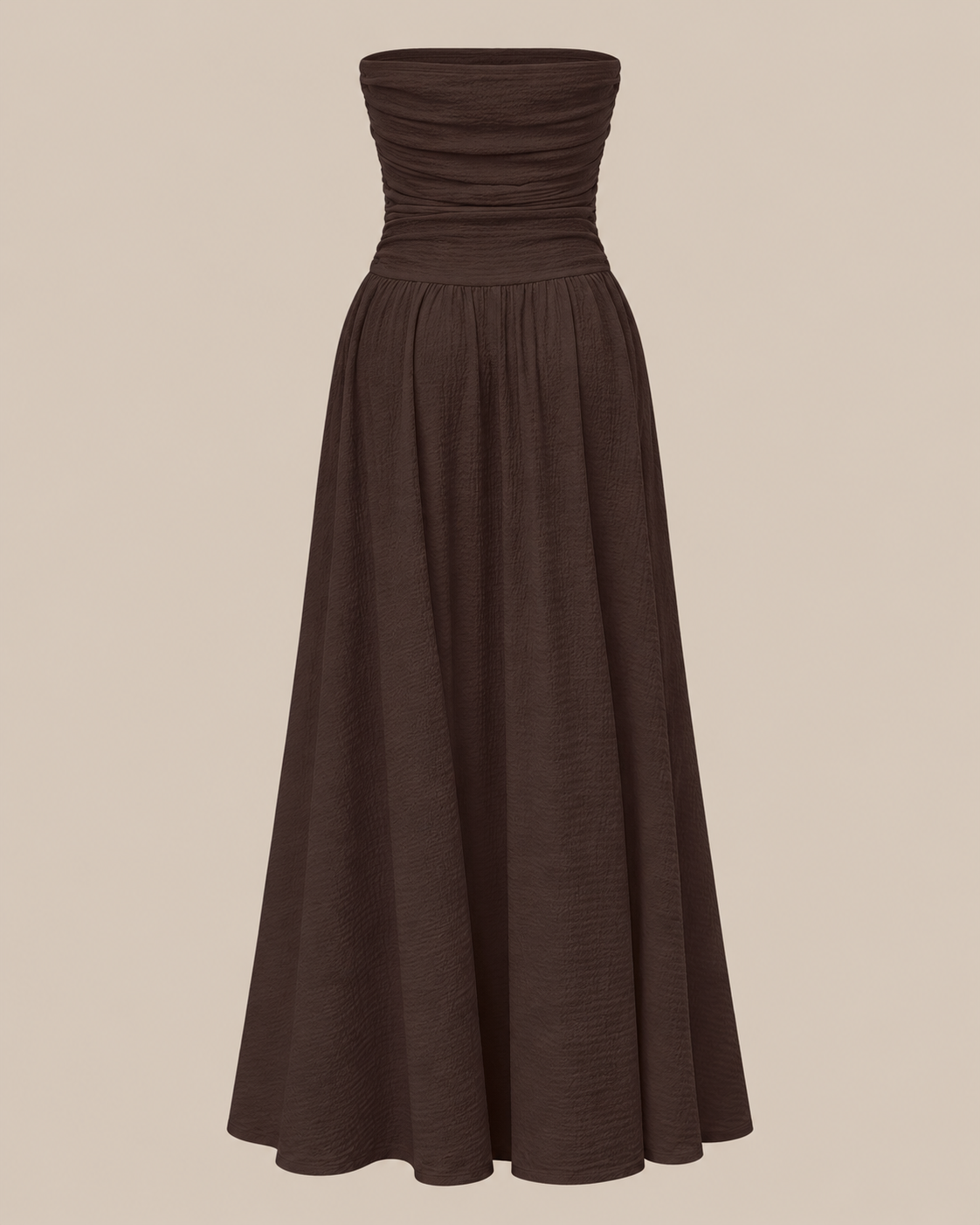 Strapless Ruched Drop Waist Maxi Dress in Mocha Brown, shown on its own, second view