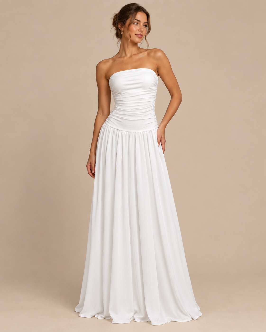 Strapless Ruched Drop Waist Maxi Dress in White, front view on model