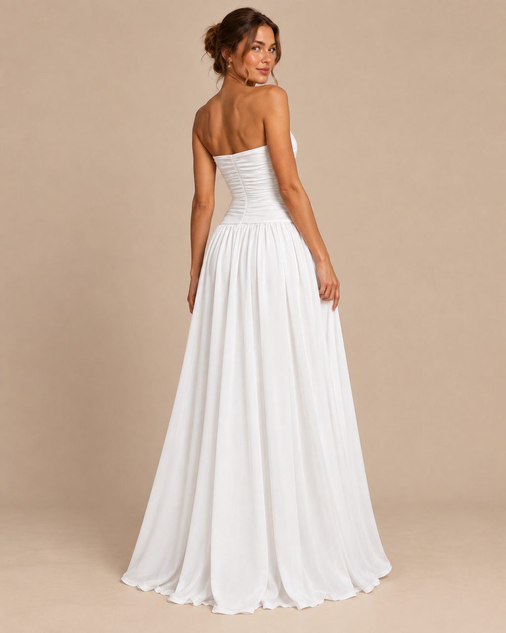 Strapless Ruched Drop Waist Maxi Dress in White, back view on model