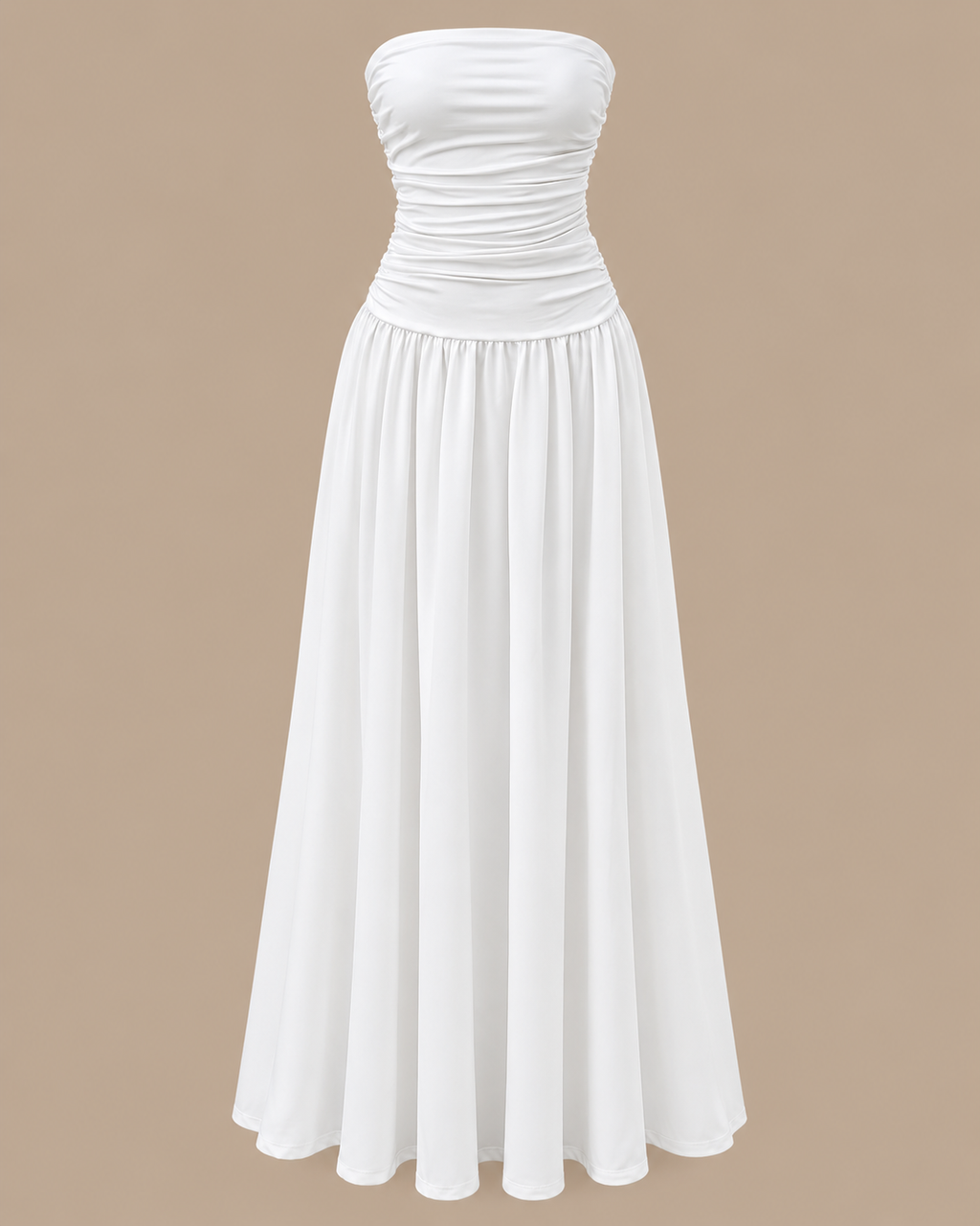 Strapless Ruched Drop Waist Maxi Dress in White, shown on its own