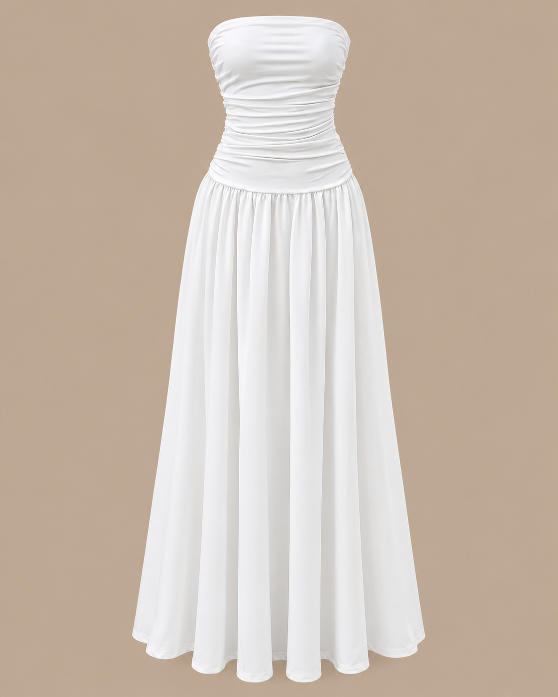 Strapless Ruched Drop Waist Maxi Dress in White, shown on its own