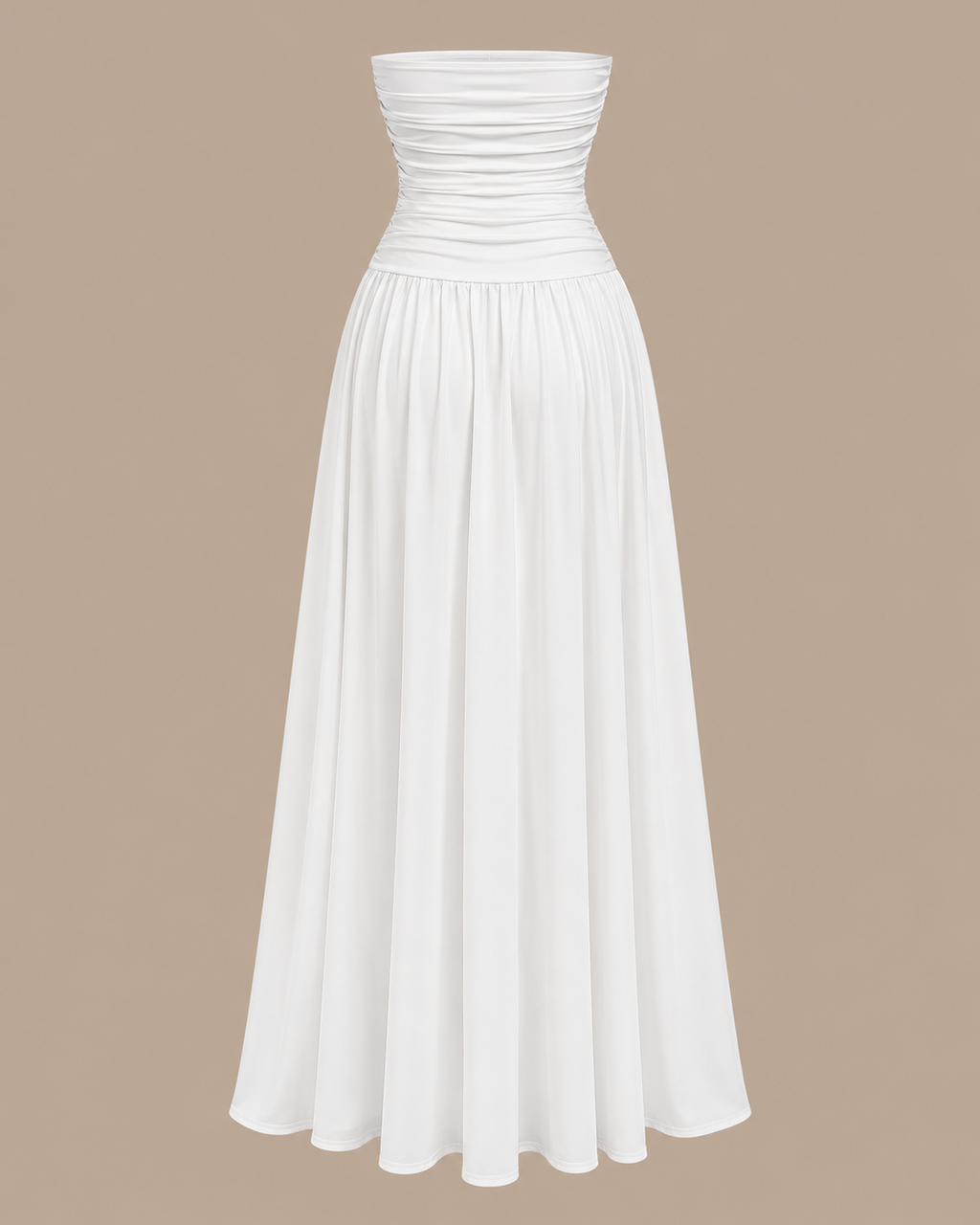 Strapless Ruched Drop Waist Maxi Dress in White, shown on its own, second view