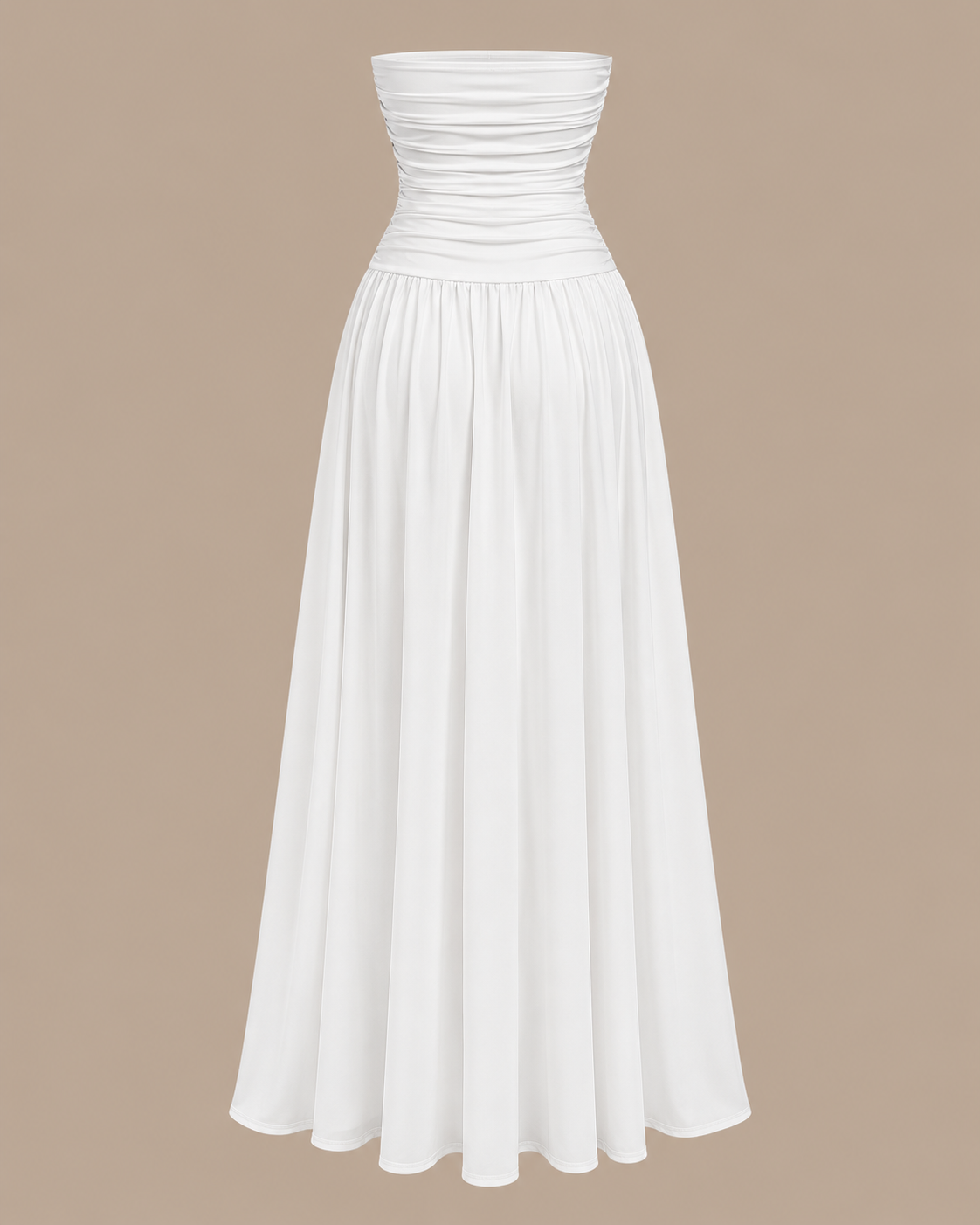 Strapless Ruched Drop Waist Maxi Dress in White, shown on its own, second view