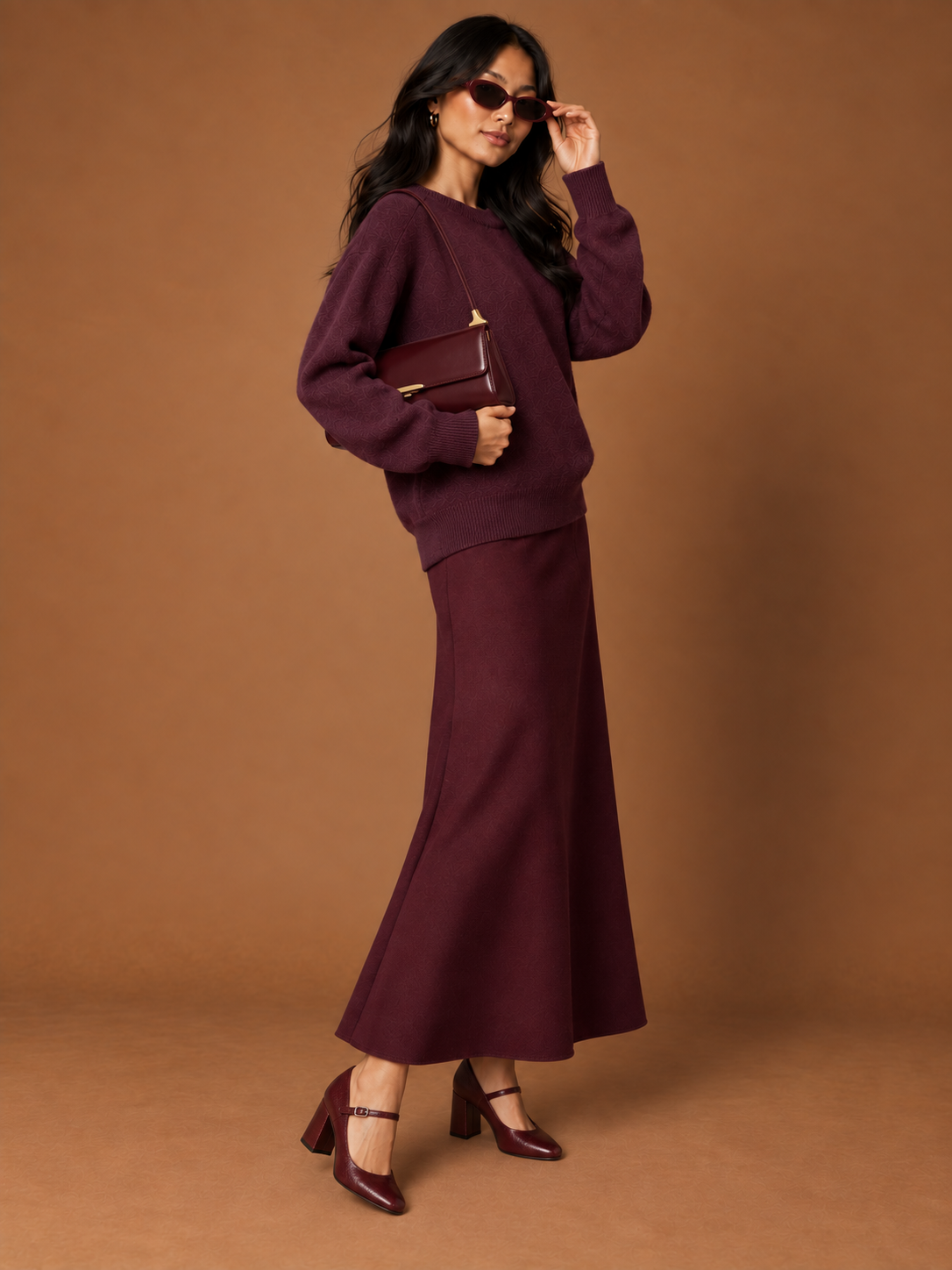 Autumn Burgundy Look styled with shoulder bag and oval sunglasses