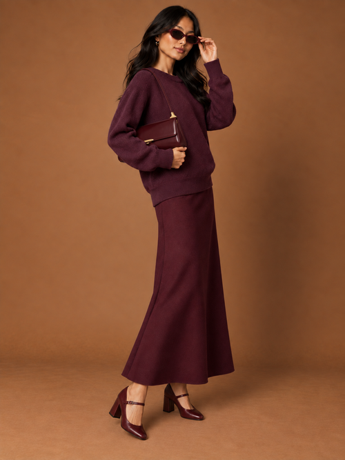 Autumn Burgundy Look styled with shoulder bag and oval sunglasses