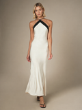 Contrast-Trim Halterneck Satin Maxi Dress in Off-White