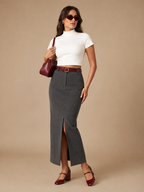 Model wearing the Burgundy Accent Look, white crop top and charcoal grey maxi skirt