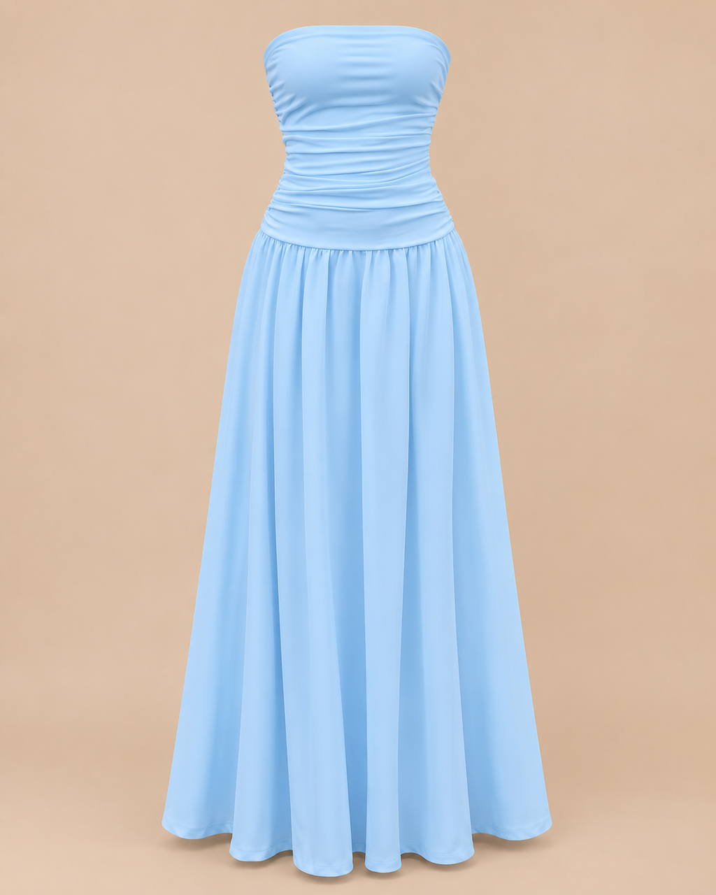 Strapless Ruched Drop Waist Maxi Dress in Baby Blue, shown on its own