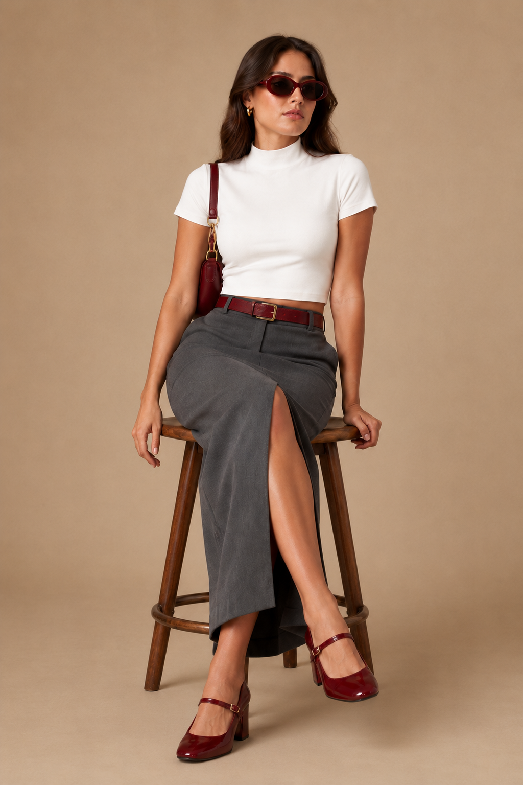 Model seated, showing the front slit of the charcoal grey maxi skirt