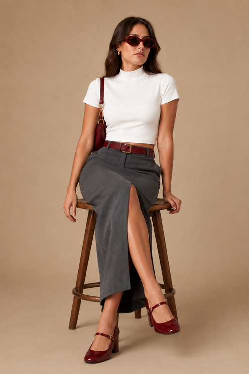 Model seated, showing the front slit of the charcoal grey maxi skirt