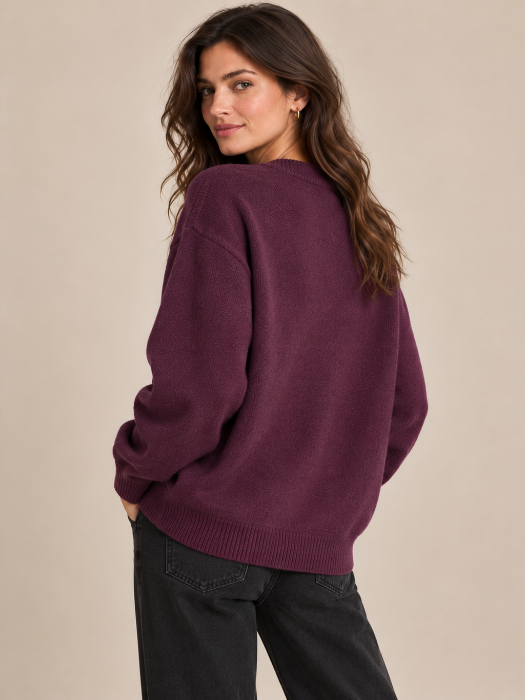 Model wearing the Burgundy Soft Knit Crew Neck Jumper, back view showing the ribbed hem