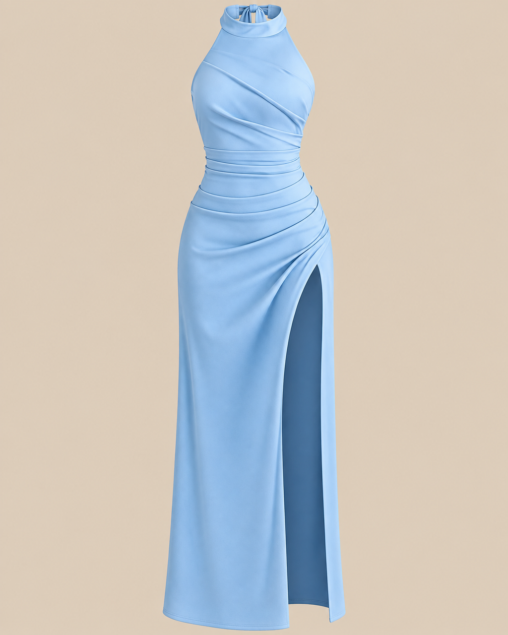 Halterneck Ruched Split Maxi Dress in Baby Blue, front view laid flat showing the thigh split
