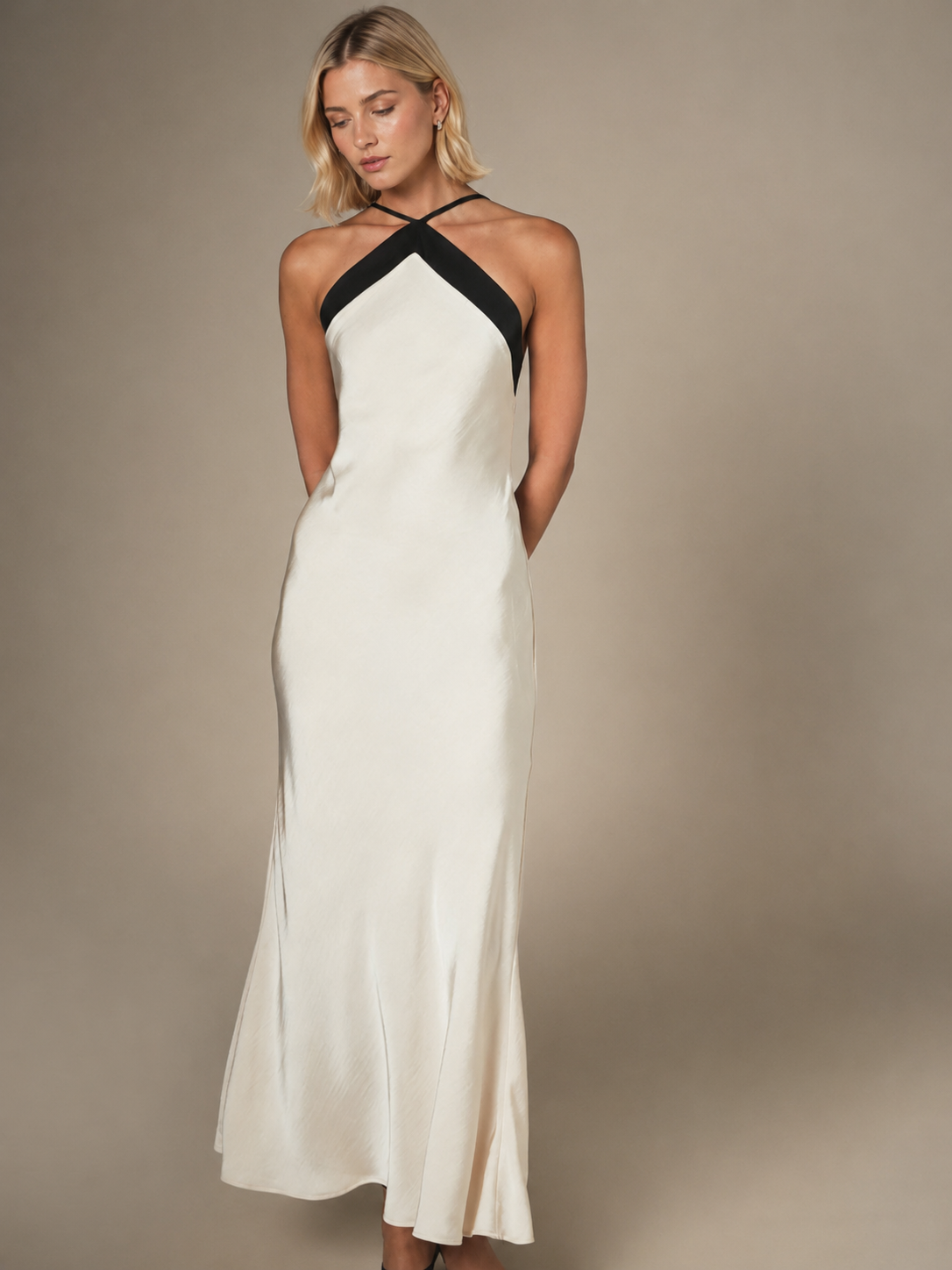 Contrast-Trim Halterneck Satin Maxi Dress in Off-White