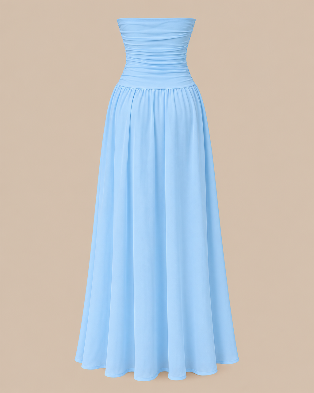Strapless Ruched Drop Waist Maxi Dress in Baby Blue, shown on its own, second view