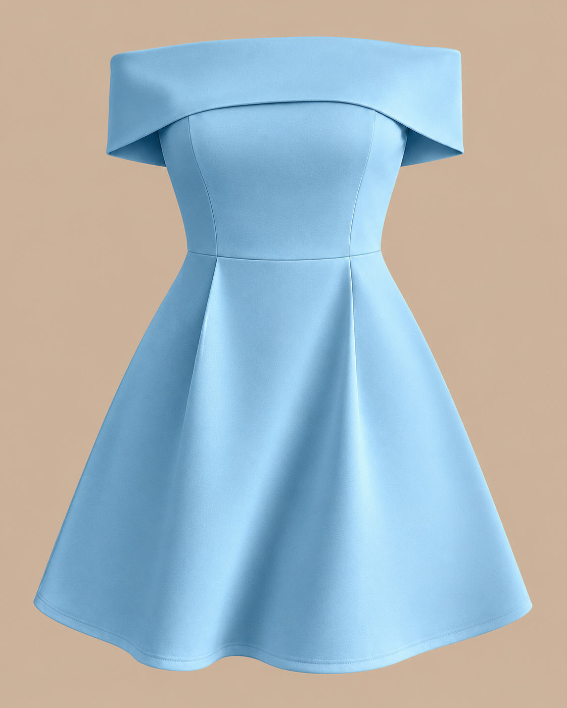 Off-Shoulder Fold-Over Skater Dress in Baby Blue, laid flat, front