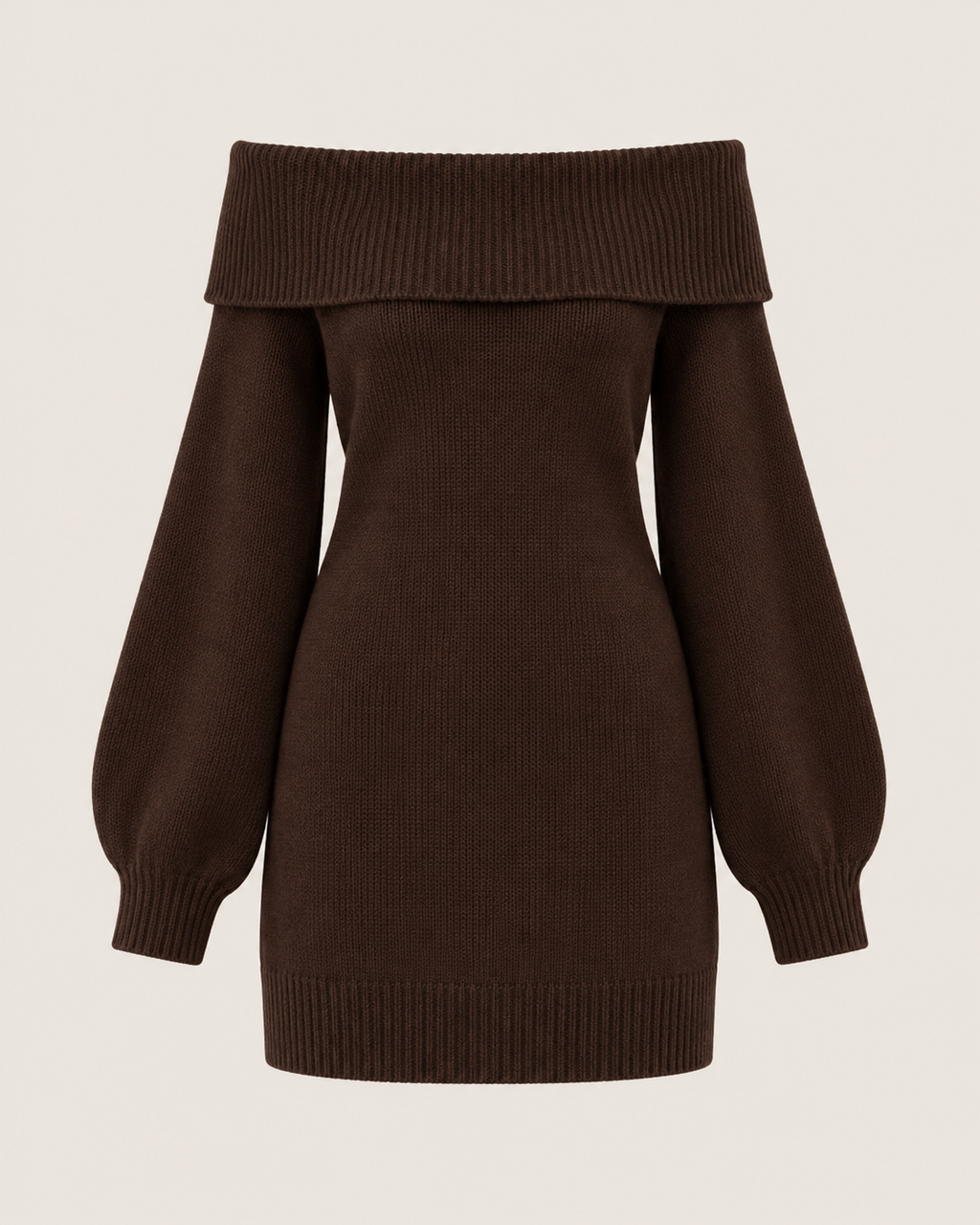 Off-Shoulder Lantern Sleeve Knit Mini Dress in Mocha Brown, laid flat
