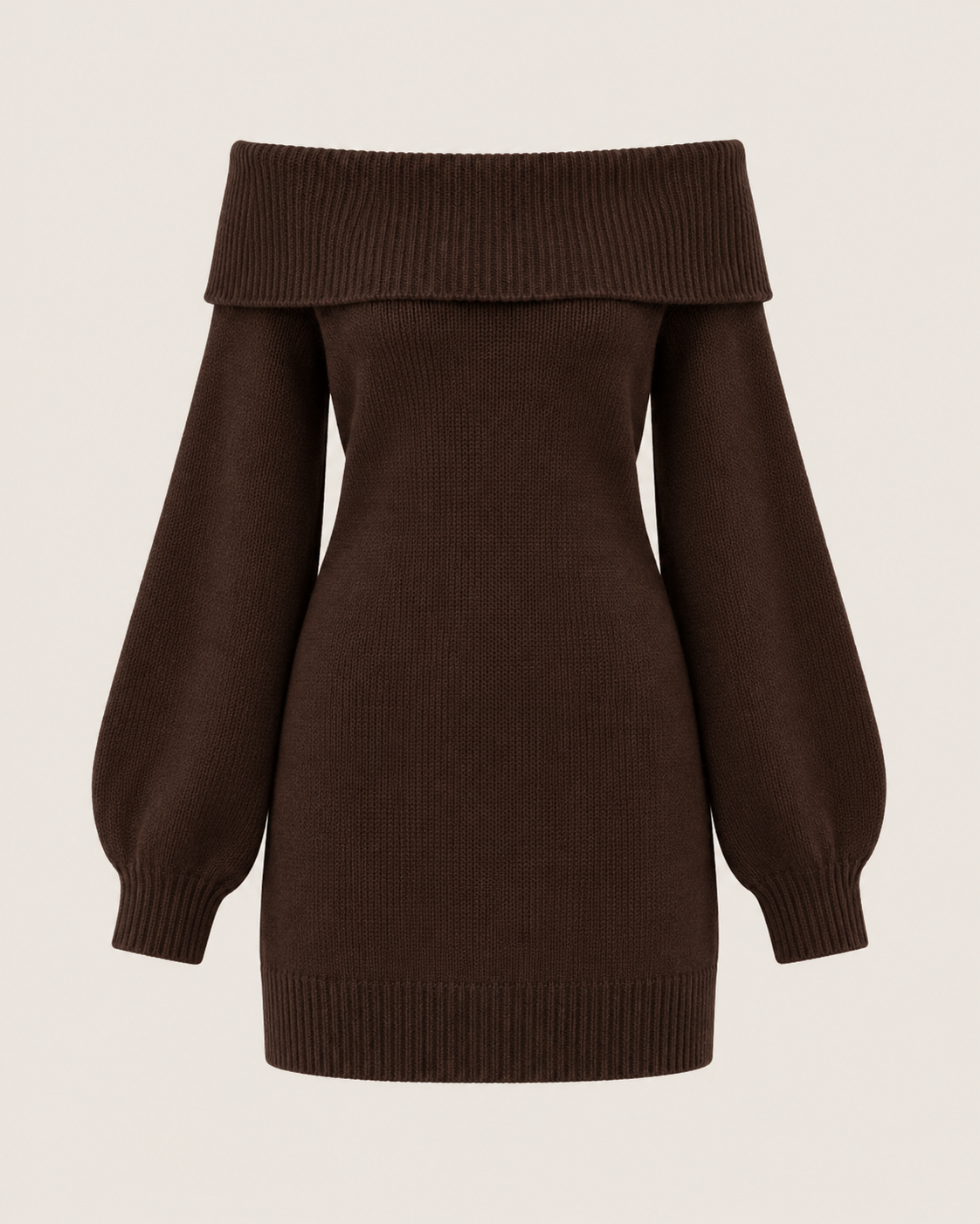 Off-Shoulder Lantern Sleeve Knit Mini Dress in Mocha Brown, laid flat
