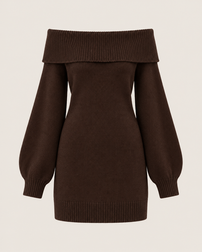 Off-Shoulder Lantern Sleeve Knit Mini Dress in Mocha Brown, laid flat