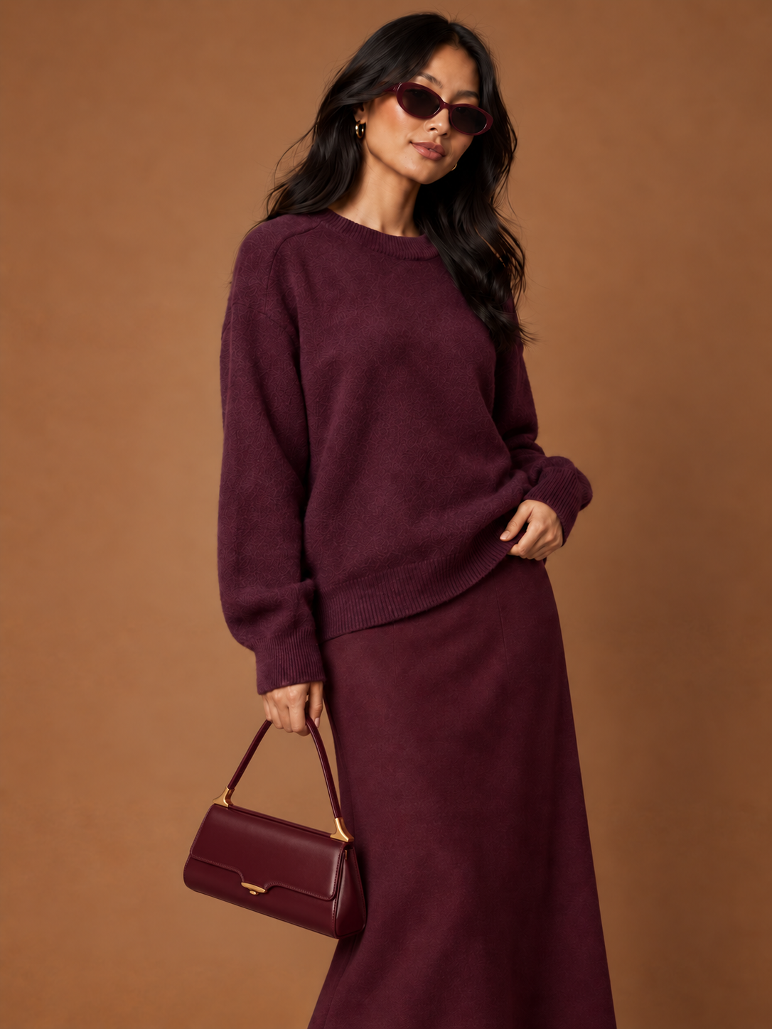 Autumn Burgundy Look styled with burgundy handbag and sunglasses