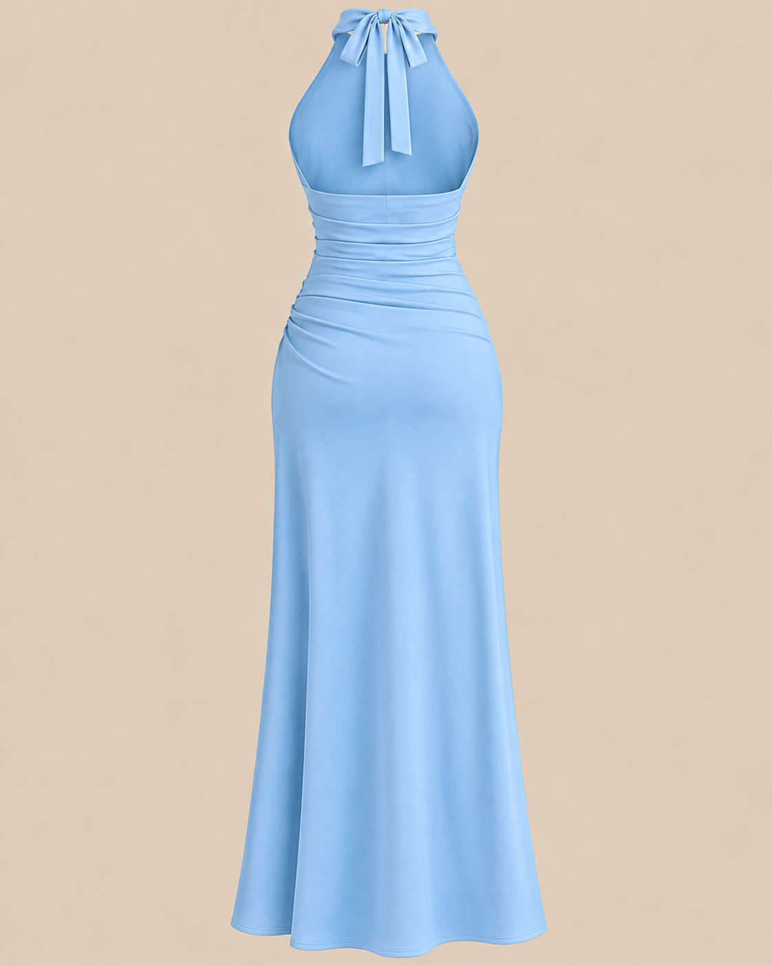 Halterneck Ruched Split Maxi Dress in Baby Blue, back view laid flat showing the halter bow
