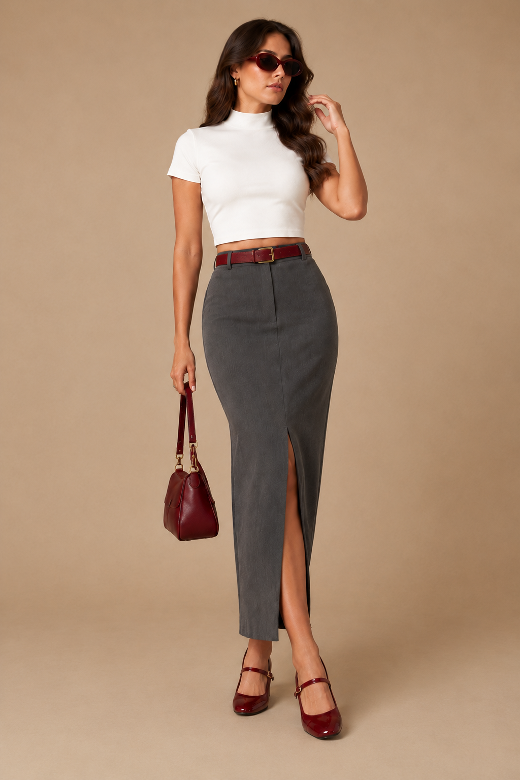 Full length view of the Burgundy Accent Look with the burgundy shoulder bag