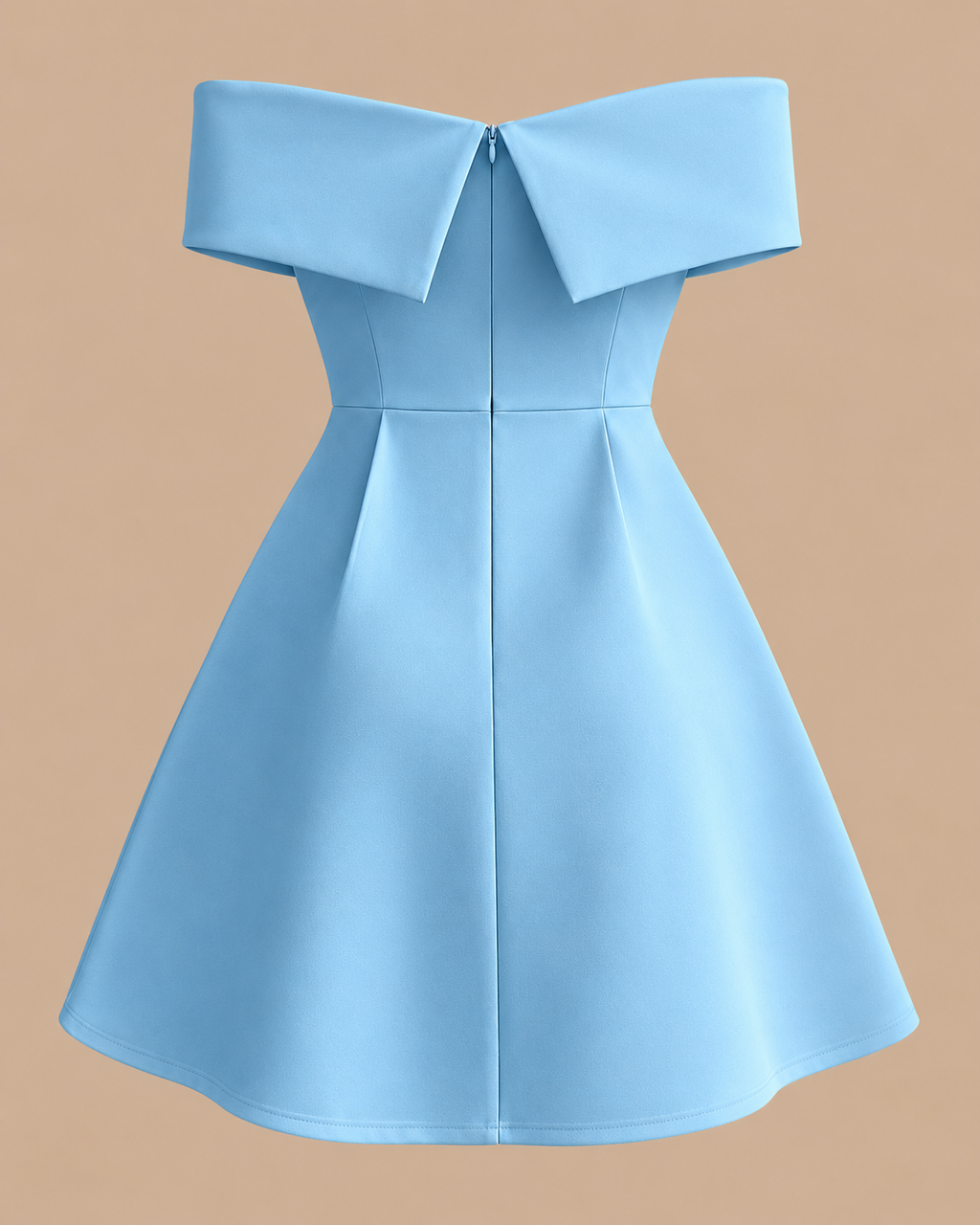 Off-Shoulder Fold-Over Skater Dress in Baby Blue, laid flat, back showing the zip